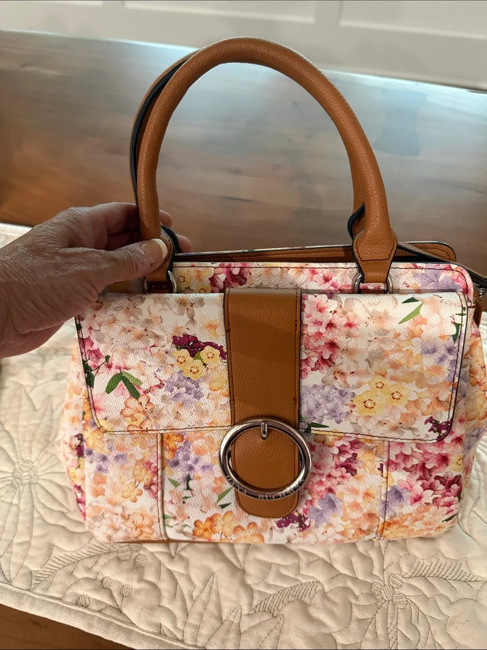 Dana Buchman Floral Multicolor Satchel with Brown Trim